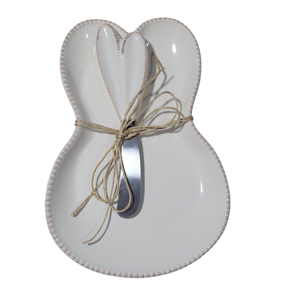 Bunny Appetizer Plate Spreader Set Easter Beaded Rim Decor Ceramic Brunch Dip‎